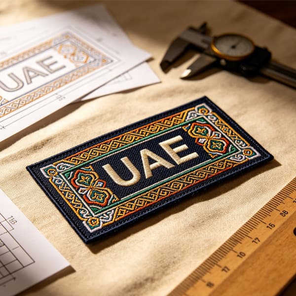 Close‑up of premium damask woven label for UAE luxury abaya fashion brands