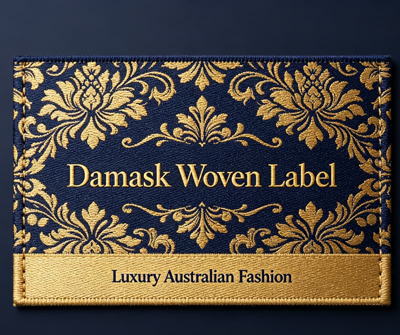 premium high‑density damask woven label for luxury Australian fashion wear