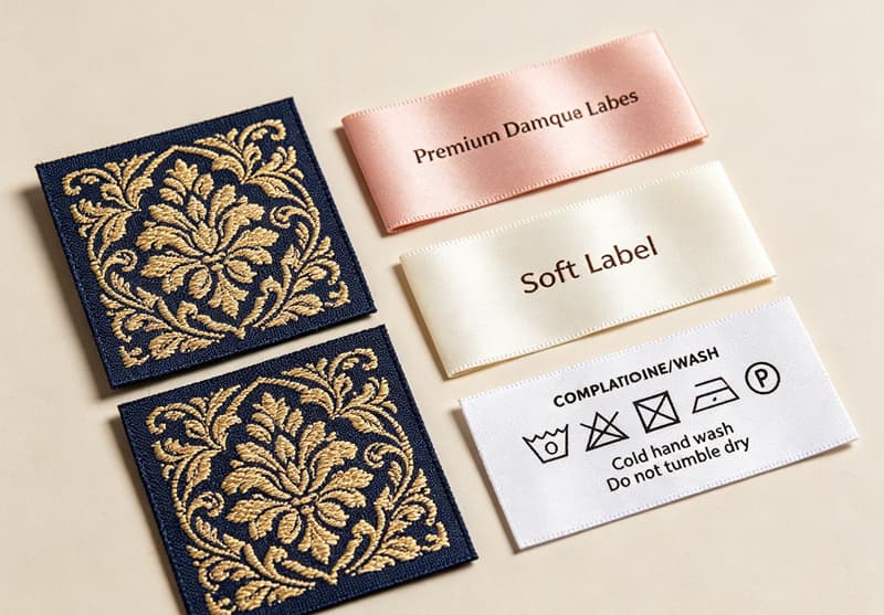 product shot of premium damask and satin custom woven labels compliant with Australian apparel standards