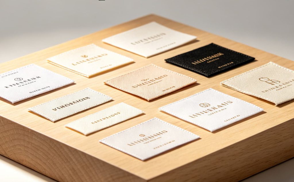 Flat lay of premium custom printed satin washing label
