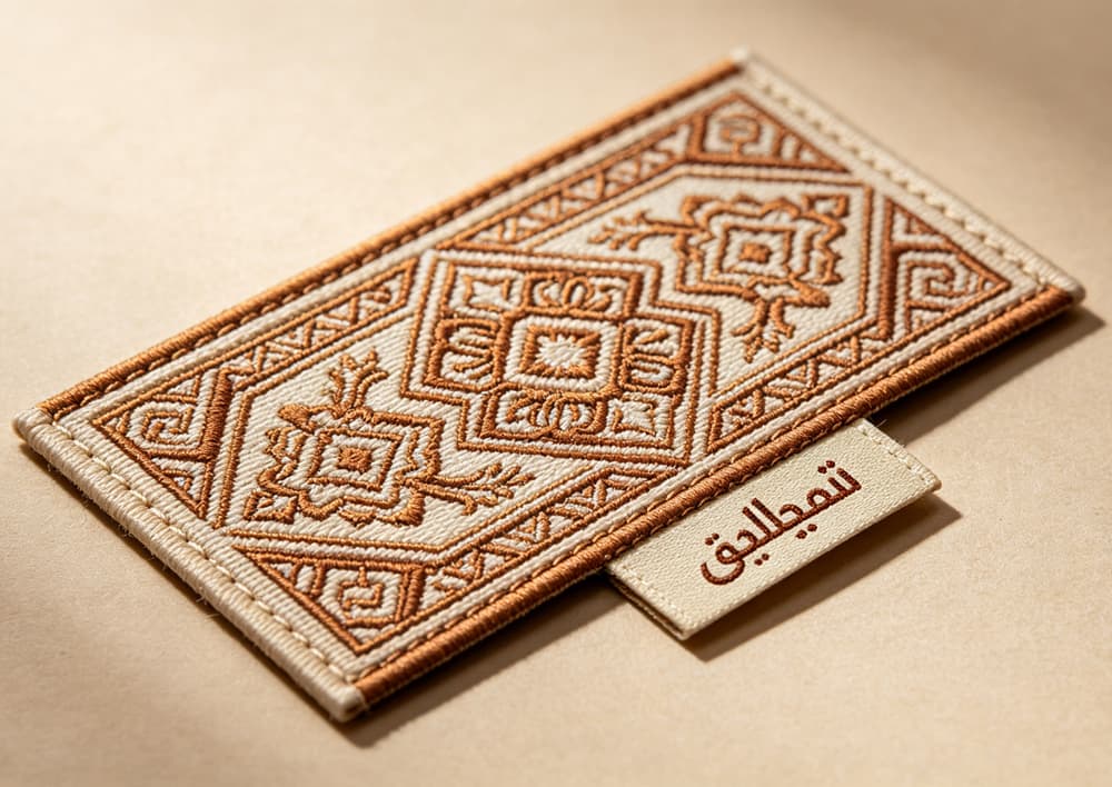 Premium custom damask woven label with traditional Saudi Arabian patterns and Arabic‑text care label for abaya brands