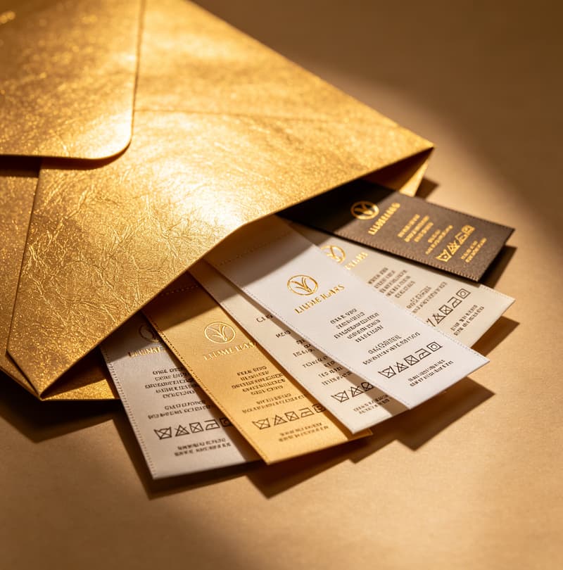 Luxury gold‑thread woven label sample for Saudi Arabia abaya brands, custom design preview