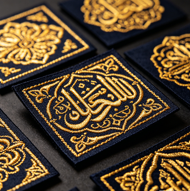 Premium high‑density damask woven label for luxury Saudi Arabia abayas, fade‑resistant