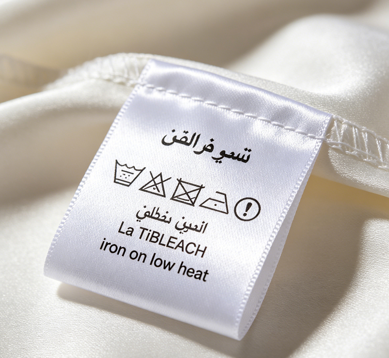 Saudi Arabia‑compliant printed care washing label with regional symbols for abayas