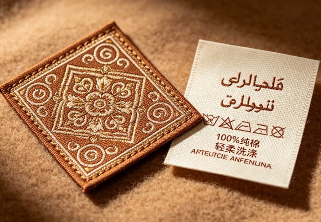 Premium damask woven label detail for UAE abaya brands, fade‑resistant textile for Middle East climate