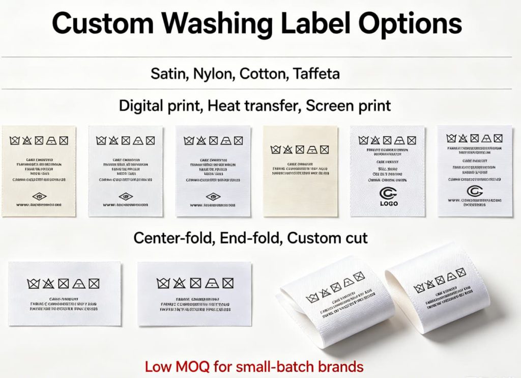 Close‑up display of satin, nylon, cotton and taffeta materials for custom washing labels