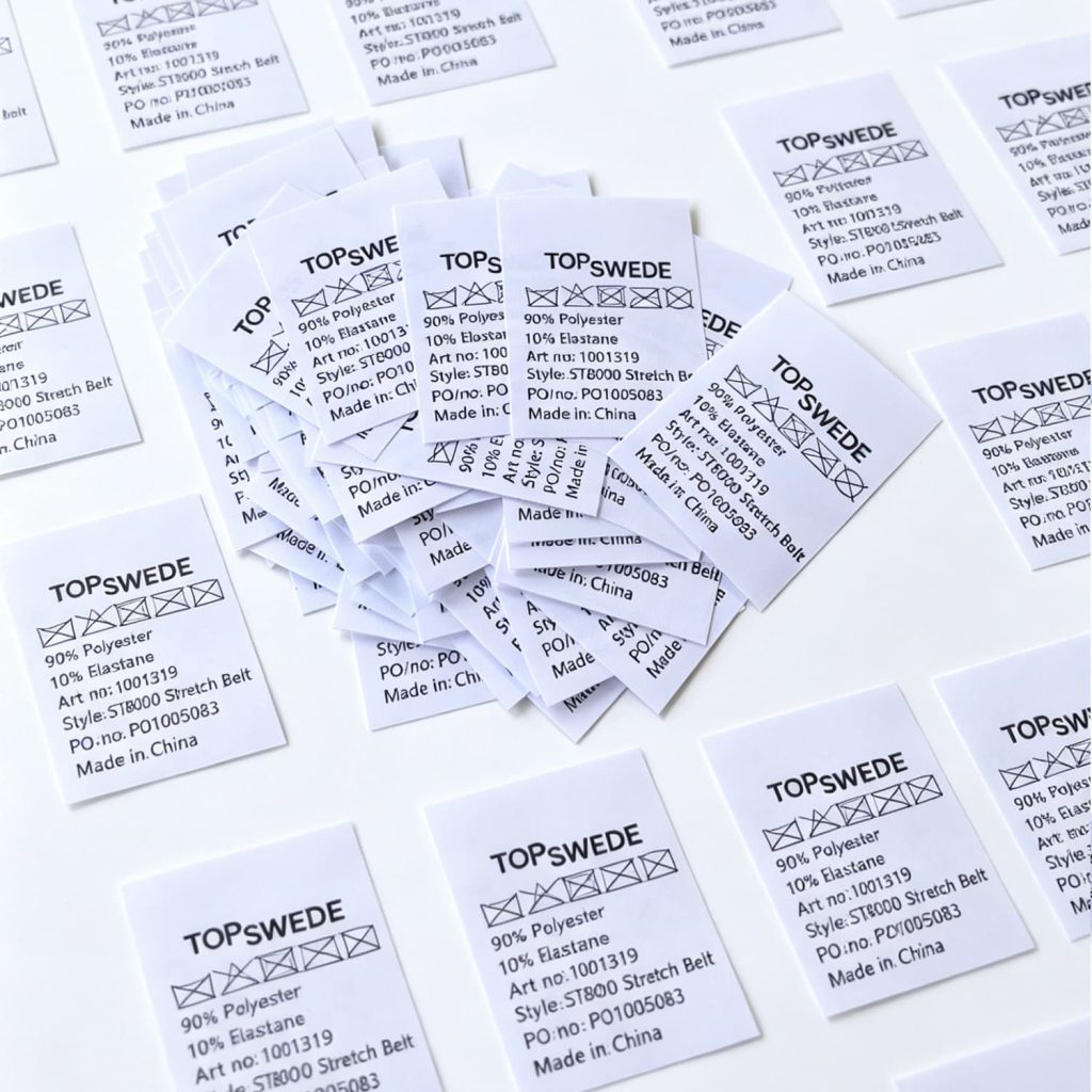 Detailed shot of custom apparel size label with washing icons for Sweden, Australia and GCC garment brands