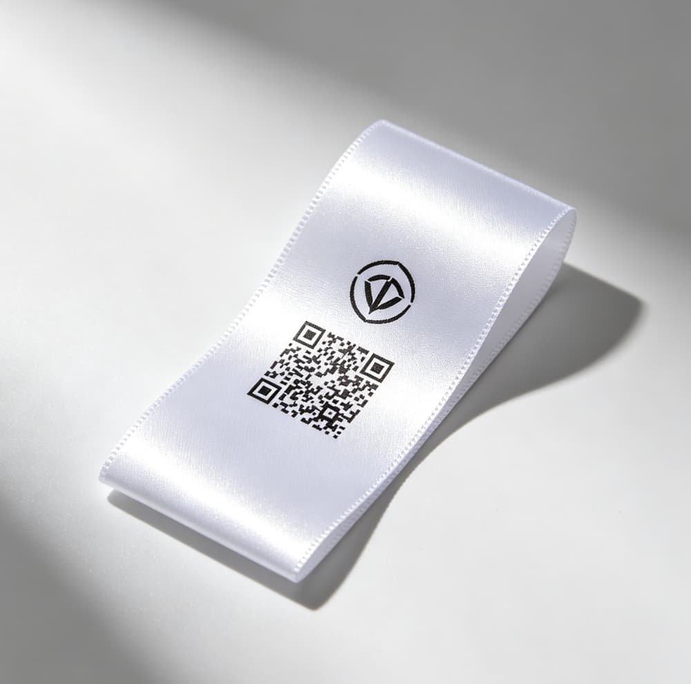 Custom QR code printed polyester satin care labels for apparel traceability and EU clothing export