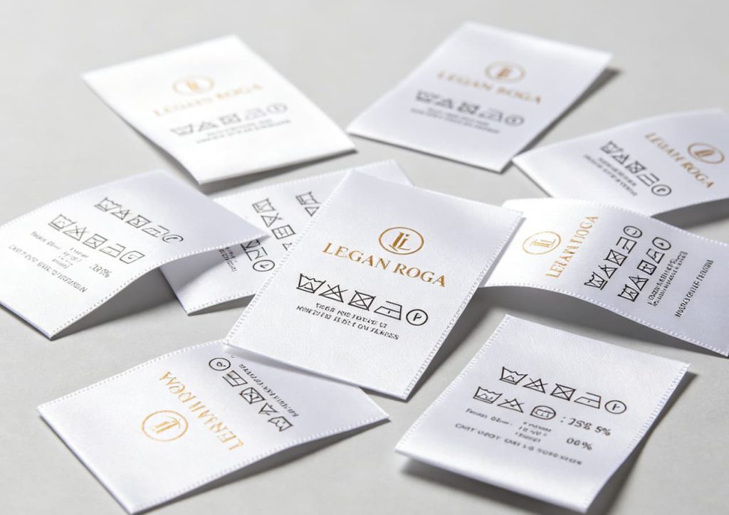 Close-up eco azo free polyester wash tag with fabric composition and care symbols